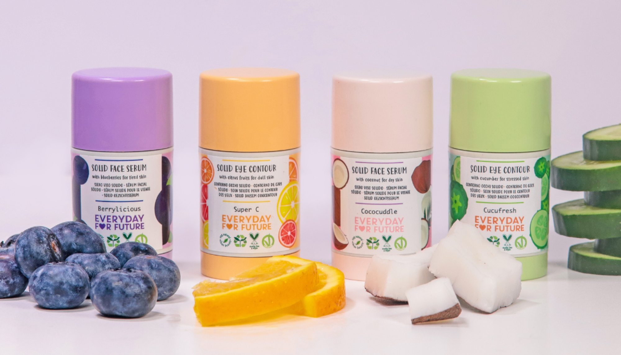 Sieri in stick solidi per il viso e il contorno occhi. Quattro referenze: Berrylicious, Super C, Cococuddle e Cucufresh