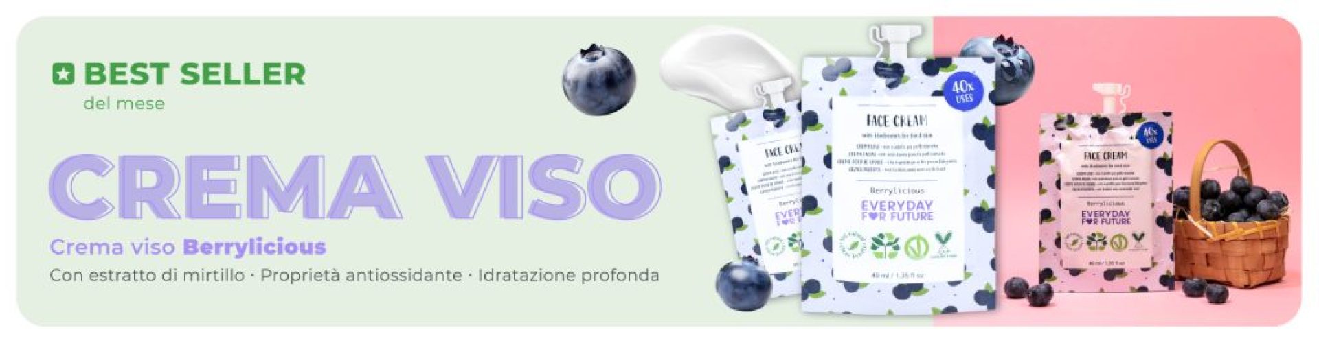 Il Best Seller del mese è la nostra crema viso della linea Berrylicious, con estratto di mirtillo e proprietà antiossidanti.