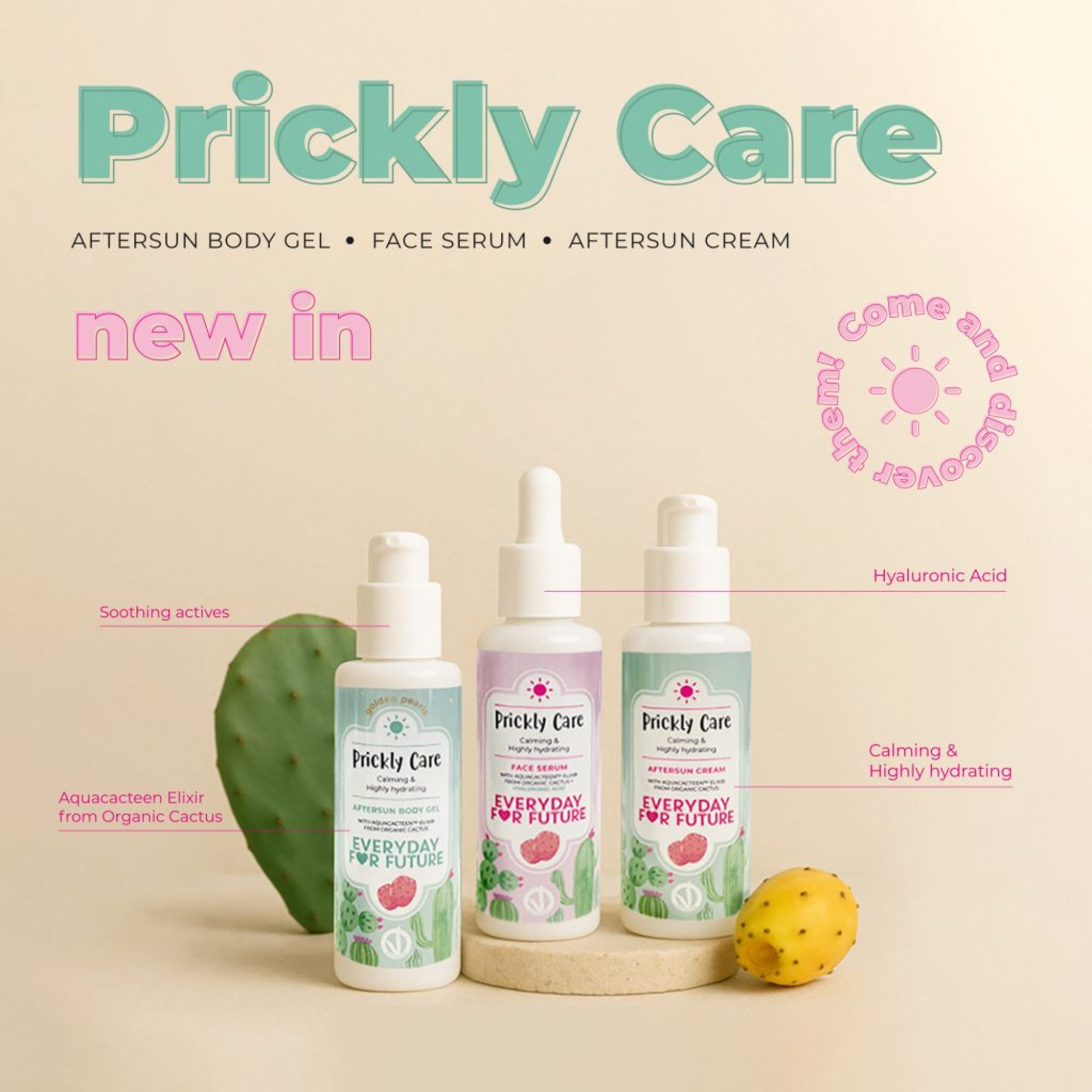 Banner_Prickly-Care_Mobile: la nuova linea di prodotti doposole comprendente siero viso, crema doposole e gel corpo doposole con perle oro - tutta la linea è a base di estratto di fico d'India